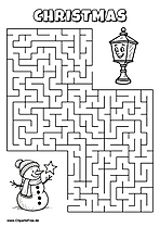 Labyrinth-Rätsel zum Drucken 'Schneemann mit Stern sucht den Weg zur Laterne'