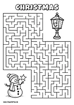 Labyrinth-Rätsel zum Drucken 'Schneemann mit Stern sucht den Weg zur Laterne'