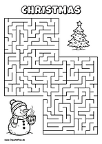 Labyrinth-Rätsel zum Drucken 'Schneemann mit Tasse Kakao sucht den Weg zum Weihnachtsbaum'
