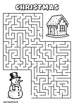 Labyrinth-Rätsel zum Drucken 'Schneemann mit Zylinder sucht den Weg zum Eiszapfenhaus'