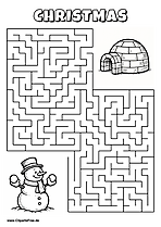 Labyrinth-Rätsel zum Drucken 'Schneemann sucht den Weg zum Iglu'