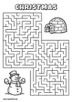Labyrinth-Rätsel zum Drucken 'Schneemann sucht den Weg zum Iglu'