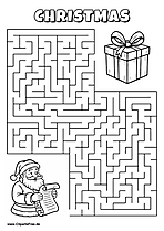 Labyrinth-Rätsel zum Drucken 'Weihnachtsmann sucht den Weg zum großen Geschenkpaket'