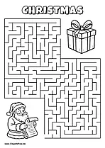 Labyrinth-Rätsel zum Drucken 'Weihnachtsmann sucht den Weg zum großen Geschenkpaket'