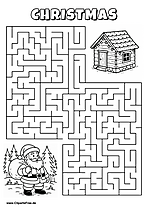 Labyrinth-Rätsel zum Drucken 'Weihnachtsmann sucht den Weg zur Hütte im Wald'