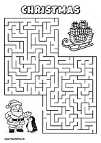 Labyrinth-Rätsel zum Drucken 'Weihnachtsmann und Pinguin suchen den Weg zu ihren Schlitten'