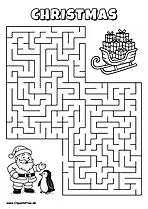Labyrinth-Rätsel zum Drucken 'Weihnachtsmann und Pinguin suchen den Weg zu ihren Schlitten'