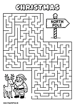 Labyrinth-Rätsel zum Drucken 'Weihnachtsmann und Rentier suchen den Weg zum Nordpol-Schild'