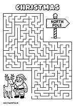 Labyrinth-Rätsel zum Drucken 'Weihnachtsmann und Rentier suchen den Weg zum Nordpol-Schild'