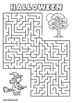 Hexe auf dem Besen sucht Baum Labyrinth zum Drucken