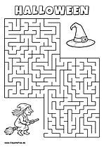 Hexe auf dem Besen sucht den Hexenhut Labyrinth zum Drucken