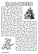 Hexe auf dem Besen sucht gruseligen Schloss Labyrinth zum Drucken