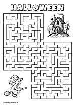 Hexe fliegt auf dem Besen und sucht gruseliges Haus Labyrinth zum Drucken
