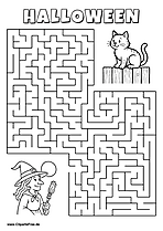 Hexe im Mondlicht sucht Katze auf dem Zaun Labyrinth zum Drucken