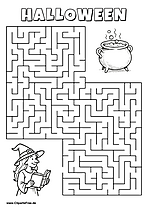 Hexe mit Zauberbuch sucht Kessel mit Zaubertrank Labyrinth zum Drucken