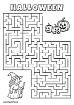 Hexe sucht drei Kürbisse zum Halloween Labyrinth zum Drucken