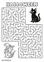 Hexe sucht schwarze Katze Labyrinth zum Drucken