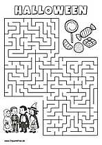 Kindergruppe in Halloweenkostümen sucht Süßigkeiten Labyrinth zum Drucken