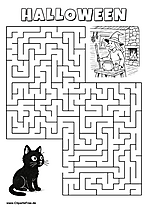 Schwarze Katze sucht den Weg zum Hexenhaus Labyrinth zum Drucken