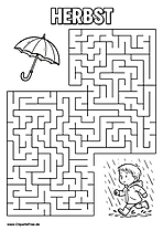 Junge im Regen sucht Regenschirm Labyrinth zum Drucken