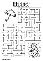 Junge im Regen sucht Regenschirm Labyrinth zum Drucken