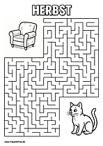 Katze sucht Sessel Rätsel-Labyrinth zum Drucken