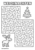 Elch sucht Weihnachtsbaum Labyrinth zum Drucken
