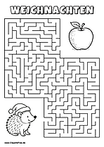 Igel mit Weihnachtsmütze sucht Apfel Labyrinth zum Drucken