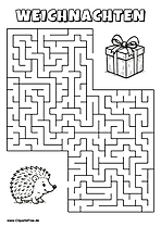 Igel sucht Geschenk zu Weihnachten Labyrinth zum Drucken