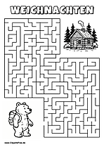 Irrgarten zum Drucken 'Hilf dem Bären mit Rucksack, den Weg zu der Waldhütte zu finden'