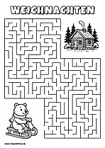 Irrgarten zum Drucken 'Hilf dem Bären mit Schlitten, den Weg zu der Waldhütte zu finden'