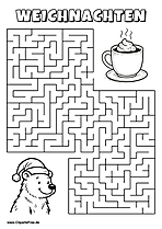 Irrgarten zum Drucken 'Hilf dem Bären mit Weihnachtsmütze, den Weg zu der Kakaotasse zu finden'