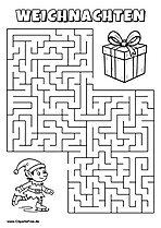 Irrgarten zum Drucken 'Hilf dem Elf auf Schlittschuhen, den Weg zu dem Weihnachtsgeschenk zu finden'