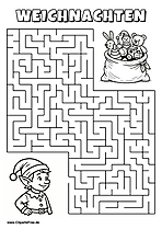 Irrgarten zum Drucken 'Hilf dem Elf mit Mütze, den Weg zu dem Sack voller Spielzeug zu finden'