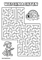 Irrgarten zum Drucken 'Hilf dem Elf mit Schneeschaufel, den Weg zu dem Iglu im Schnee zu finden'