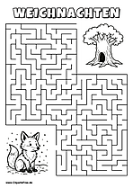 Irrgarten zum Drucken 'Hilf dem Fuchs mit Schneeball, den Weg zu dem Schneemann zu finden'