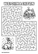 Irrgarten zum Drucken 'Hilf dem Hasen im Schnee, den Weg zu der Winterhütte zu finden'