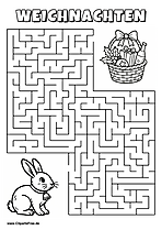 Irrgarten zum Drucken 'Hilf dem Hasen mit Glocke, den Weg zu dem Weihnachtskorb zu finden'