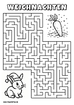 Irrgarten zum Drucken 'Hilf dem Hasen mit Weihnachtsmütze, den Weg zu der Möhre zu finden'