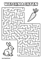 Irrgarten zum Drucken 'Hilf dem Kaninchen im Winter, den Weg zu der leckeren Karotte zu finden'