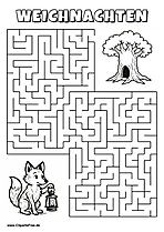 Irrgarten zum Drucken 'Hilf dem kleinen Fuchs, den Weg zu dem Schneemann zu finden'