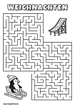 Irrgarten zum Drucken 'Hilf dem Pinguin im Schlitten, den Weg zu der Rutsche zu finden'