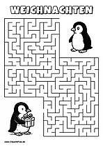 Irrgarten zum Drucken 'Hilf dem Pinguin mit Geschenk, den Weg zu anderem Pinguin zu finden'