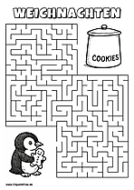 Irrgarten zum Drucken 'Hilf dem Pinguin mit Lebkuchen, den Weg zu der Keksdose zu finden'
