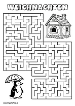 Irrgarten zum Drucken 'Hilf dem Pinguin mit Schirm, den Weg zu dem Haus zu finden'
