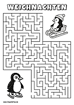Irrgarten zum Drucken 'Hilf dem Pinguin mit Schlittschuhen, den Weg zu seinem Kind zu finden'