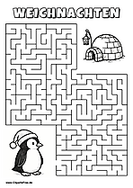 Irrgarten zum Drucken 'Hilf dem Pinguin mit Weihnachtsmütze, den Weg zu dem Iglu zu finden'
