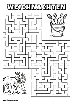 Irrgarten zum Drucken 'Hilf dem Rentier, den Weg zu dem Eimer mit Karotten zu finden'