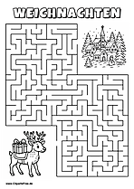 Irrgarten zum Drucken 'Hilf dem Rentier mit Geschenk, den Weg zu dem Weihnachtsdorf zu finden'