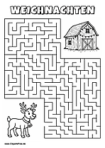 Irrgarten zum Drucken 'Hilf dem Rentier mit Glocke, den Weg zu der Scheune mit Lichtern zu finden'